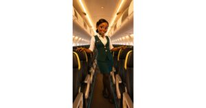 AI illustration of an Enugu Air flight attendant standing inside an aircraft cabin