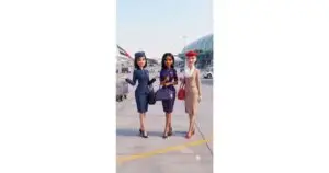International airline cabin crew walking through an airport