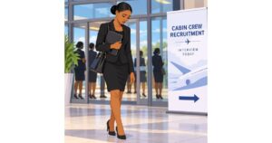 Pinterest alt text: An illustrated African aspiring flight attendant in a black skirt suit and black heels looking disappointed after an unsuccessful cabin crew interview, highlighting common mistakes that can lead to airline recruitment rejection.